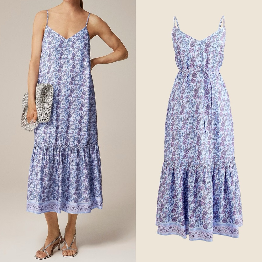 J Crew 2025 Tiered Tied Waist Dusty Periwinkle Long Dress